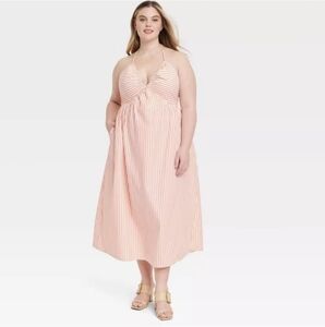 Women's Midi Orange & White Halter V-Neck Sundress - Universal Thread  - Size XL